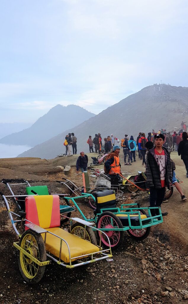 Trolleys used to transport visitors at Ijen Crater, Banyuwangi, East Java.