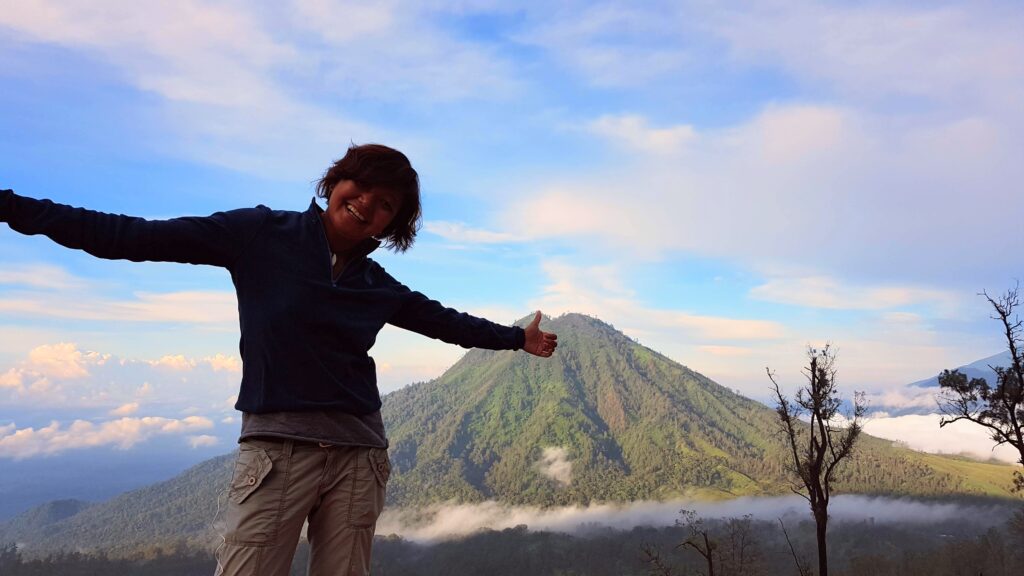 Travel writer Shannim with Mt Merapi in the background