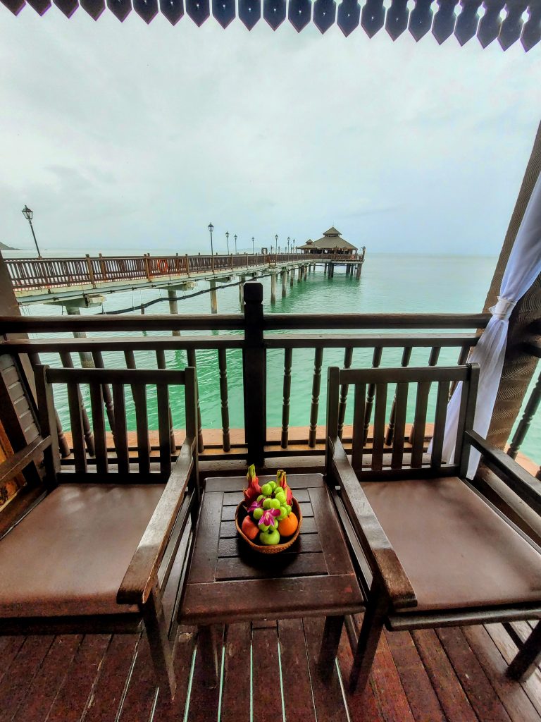 Terrace of a water chalet at Berjaya Langkawi Resort overlooking the ocean