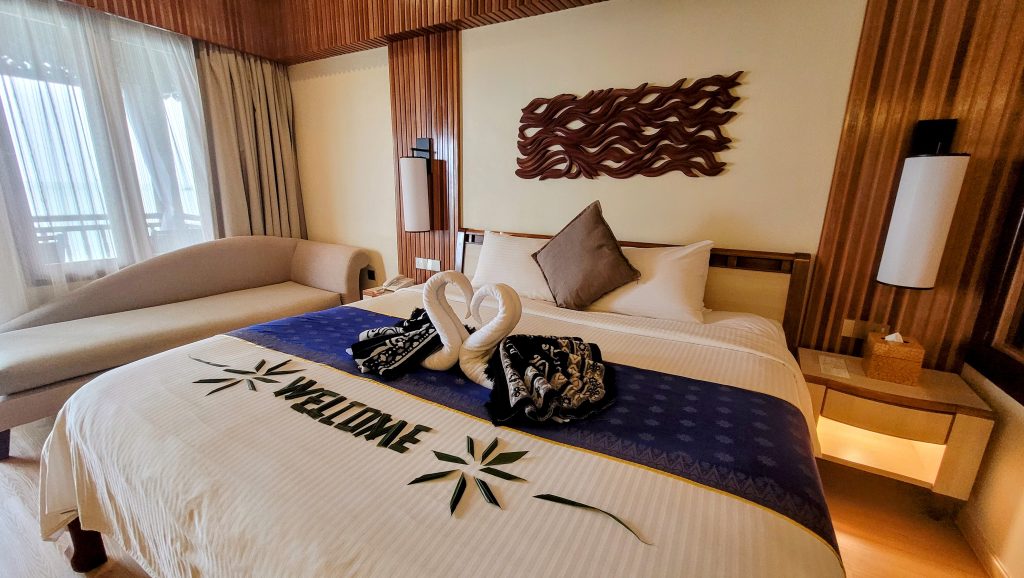 Water chalet bedroom at Berjaya Langkawi Resort with balcony facing the sea