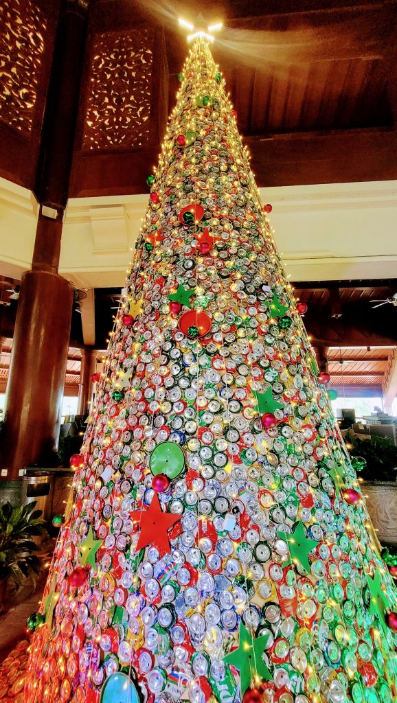 Recycled-can Christmas tree displayed in the lobby of Berjaya Langkawi Resort.