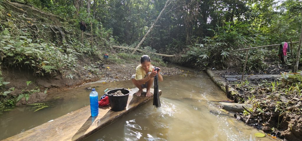 Mentawai woman washing clothes in the Siberut River as part of daily village life.