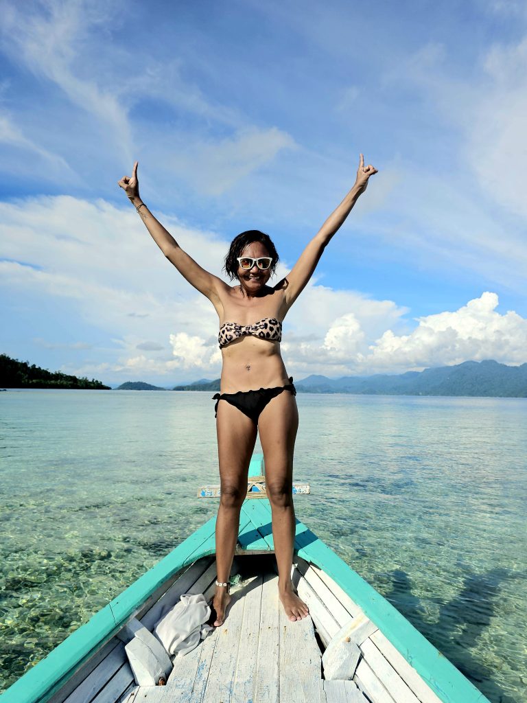 Shannim on a boat trip from Ricky Beach House in Sungai Pinang, West Sumatra