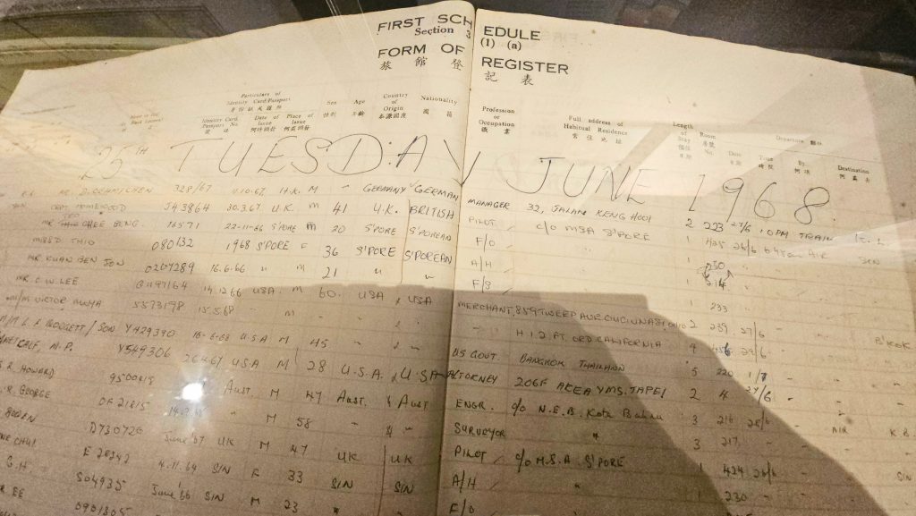 Historic guest register at E&O Hotel Penang recording visitors from decades past