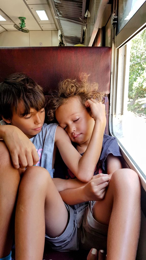 Two brothers travelling light on a train in Sri Lanka, one asleep on the other’s shoulder