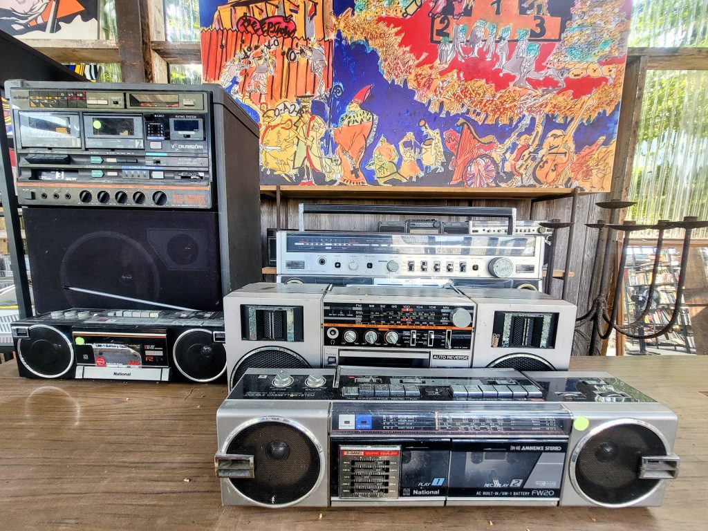 Vintage cassette players and reel-to-reel decks at Bon Ton Langkawi library