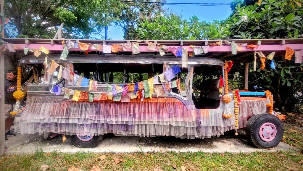 Vintage Filipino jeepney decorated with tutu fabric at Bon Ton Locale Langkawi