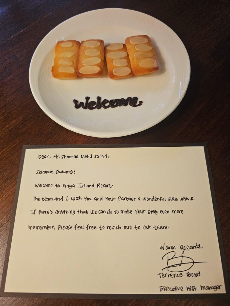 Handwritten welcome note at Gaya Island Resort Sabah