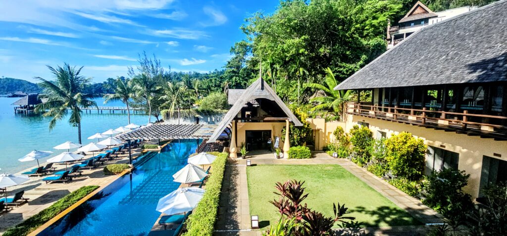 Gaya Island Resort Sabah pool and tropical grounds overlooking the South China Sea