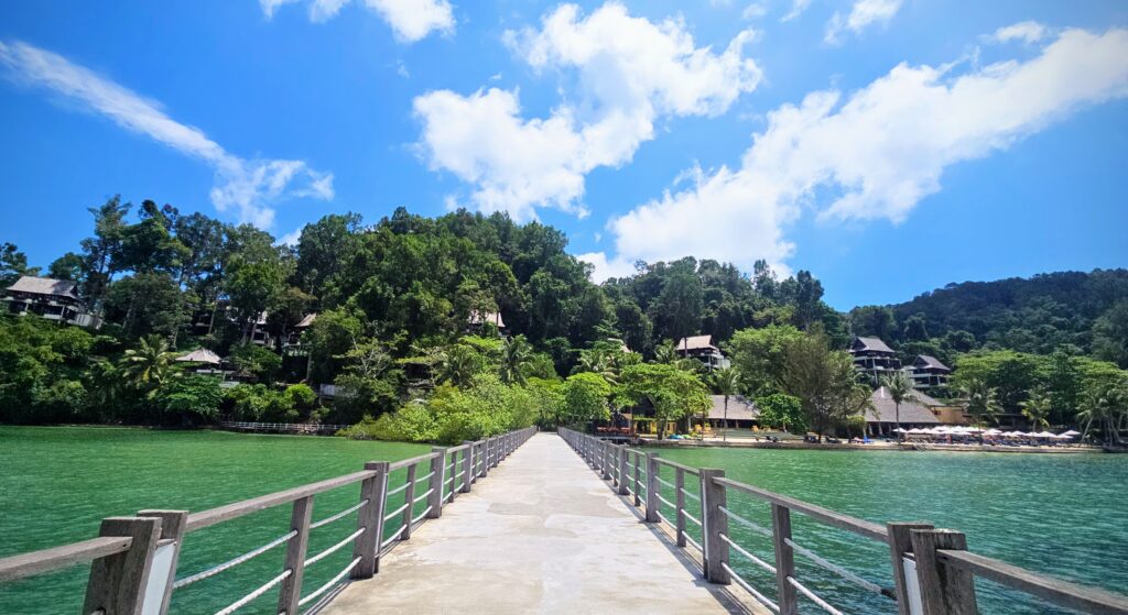 Jetty overlooking Gaya Island Resort in Sabah surrounded by rainforest and sea