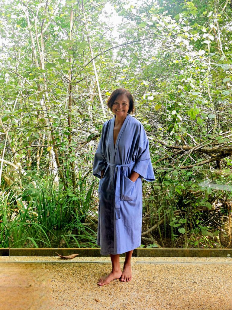 Travel writer Shannim in robe before spa treatment at Gaya Island Resort Sabah
