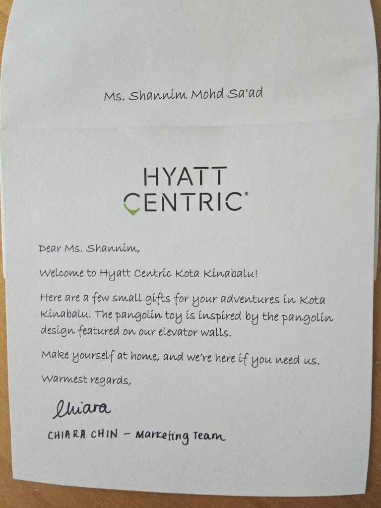 Personalised welcome note from Hyatt Centric Kota Kinabalu marketing team