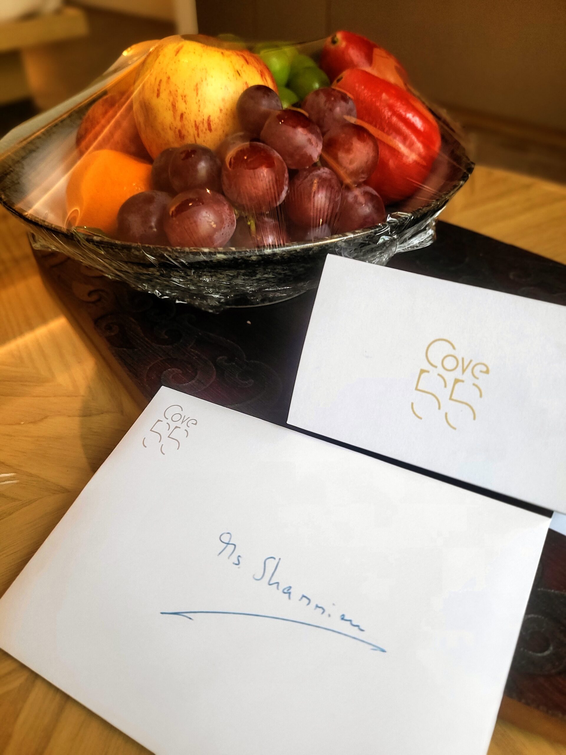 Handwritten welcome card from the team at Cove 55 boutique resort in Santubong, Sarawak