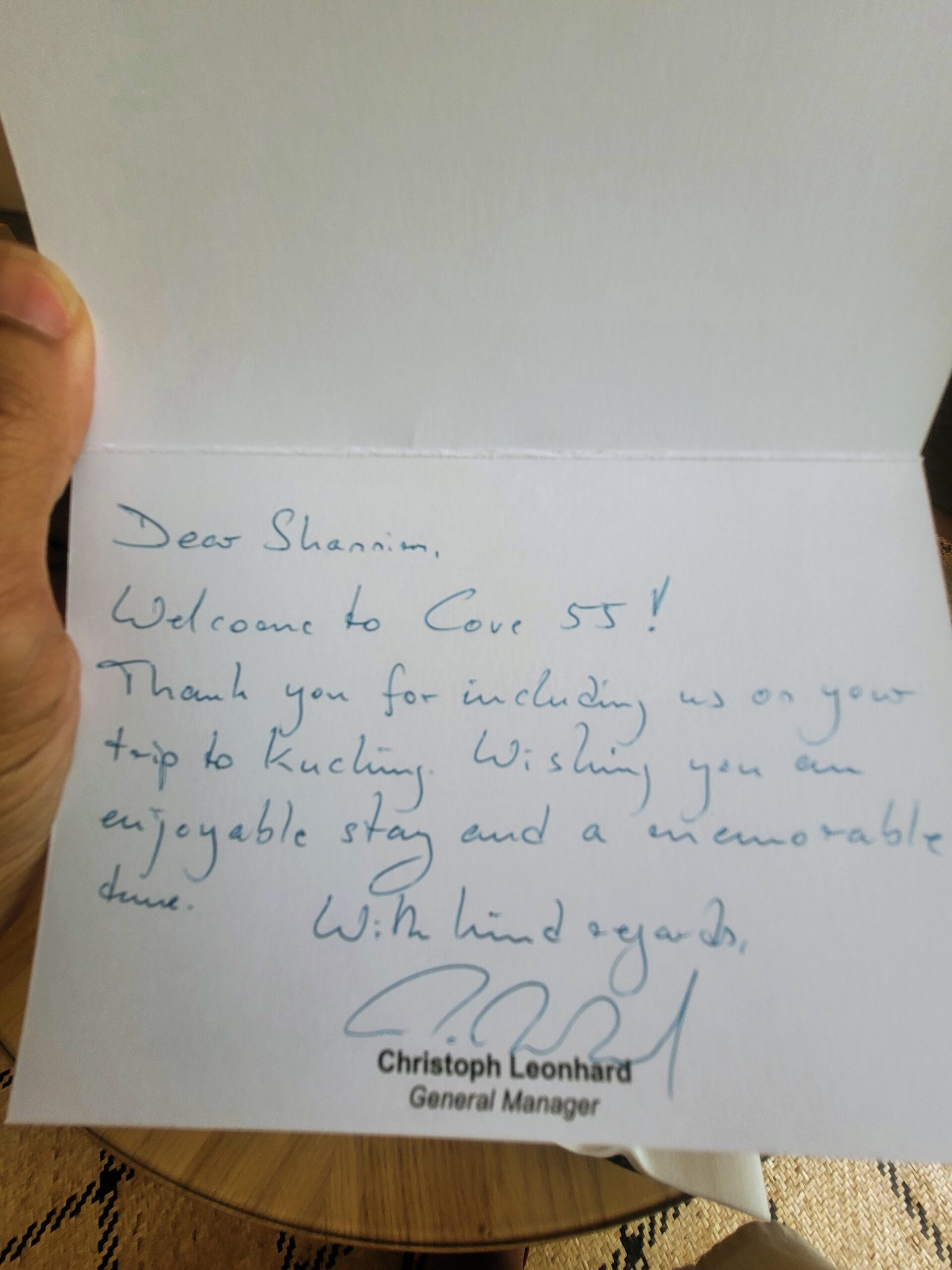Personalised handwritten welcome note at Cove 55 boutique resort in Santubong, Sarawak