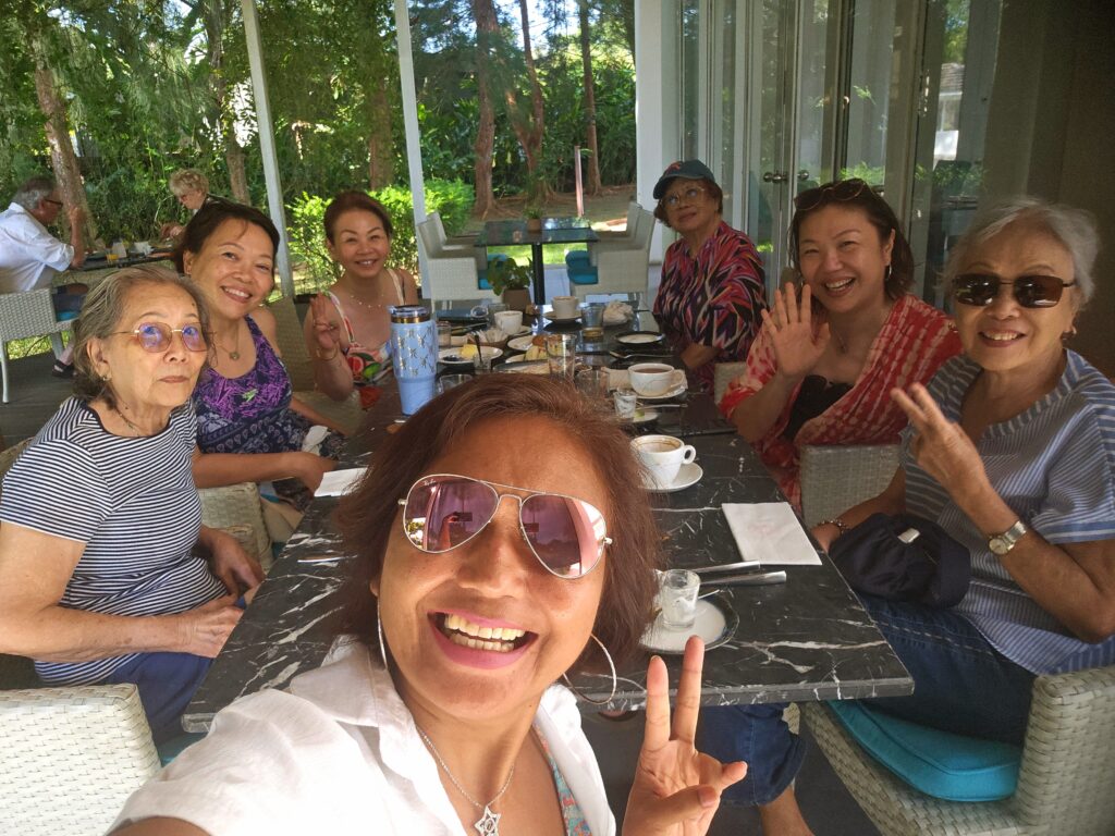 Travel writer and guests at Kenchala restaurant