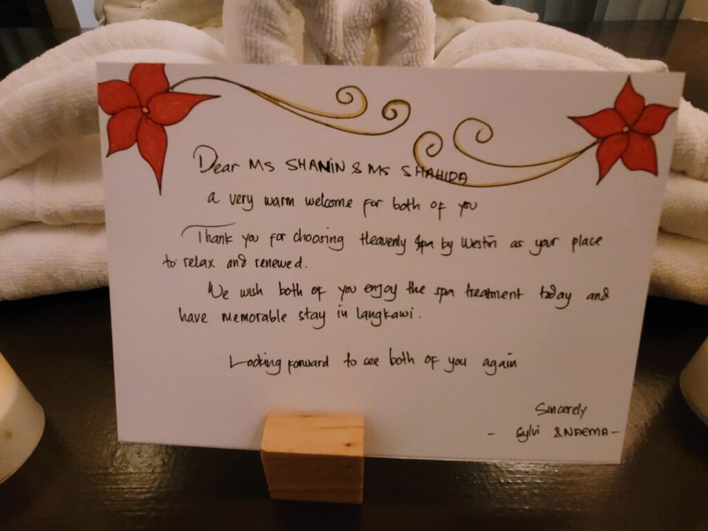 Personalised welcome at Heavenly Spa, The Westin Langkawi Resort & Spa
