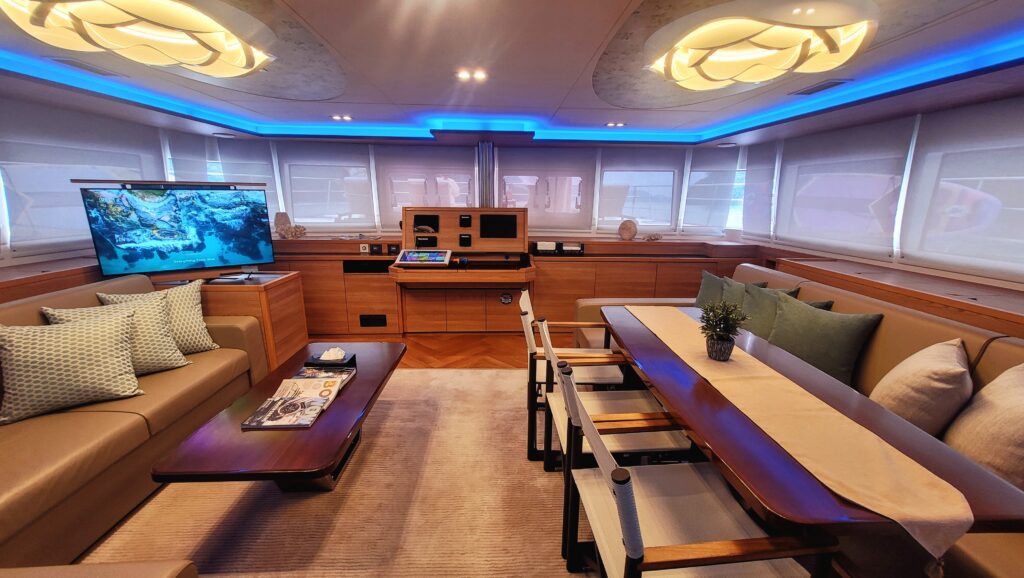 Spacious interior of the Dayang Mastura catamaran in Langkawi