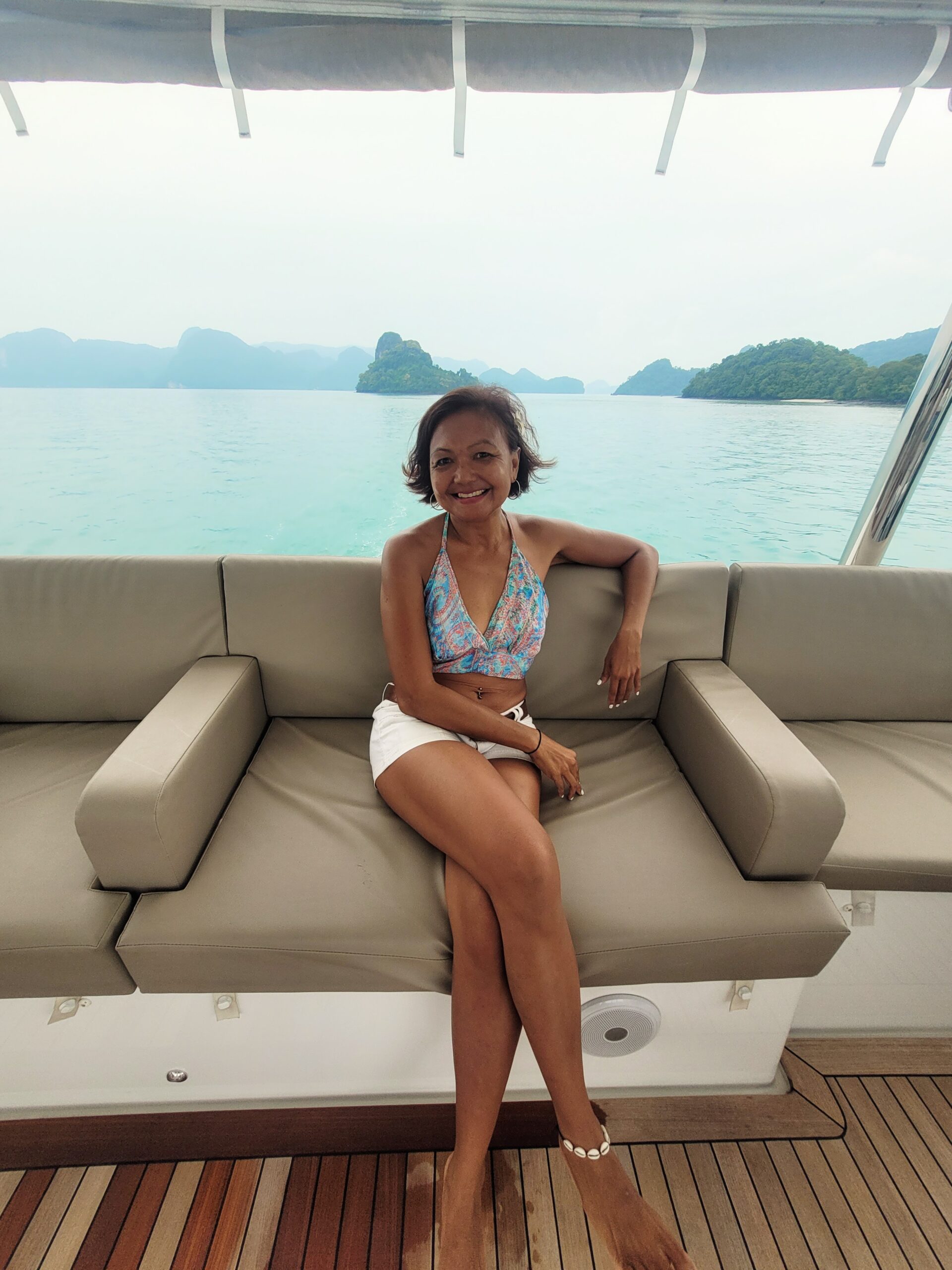 Malaysian travel writer Shannim enjoying a cruise aboard the Dayang Mastura catamaran in Langkawi