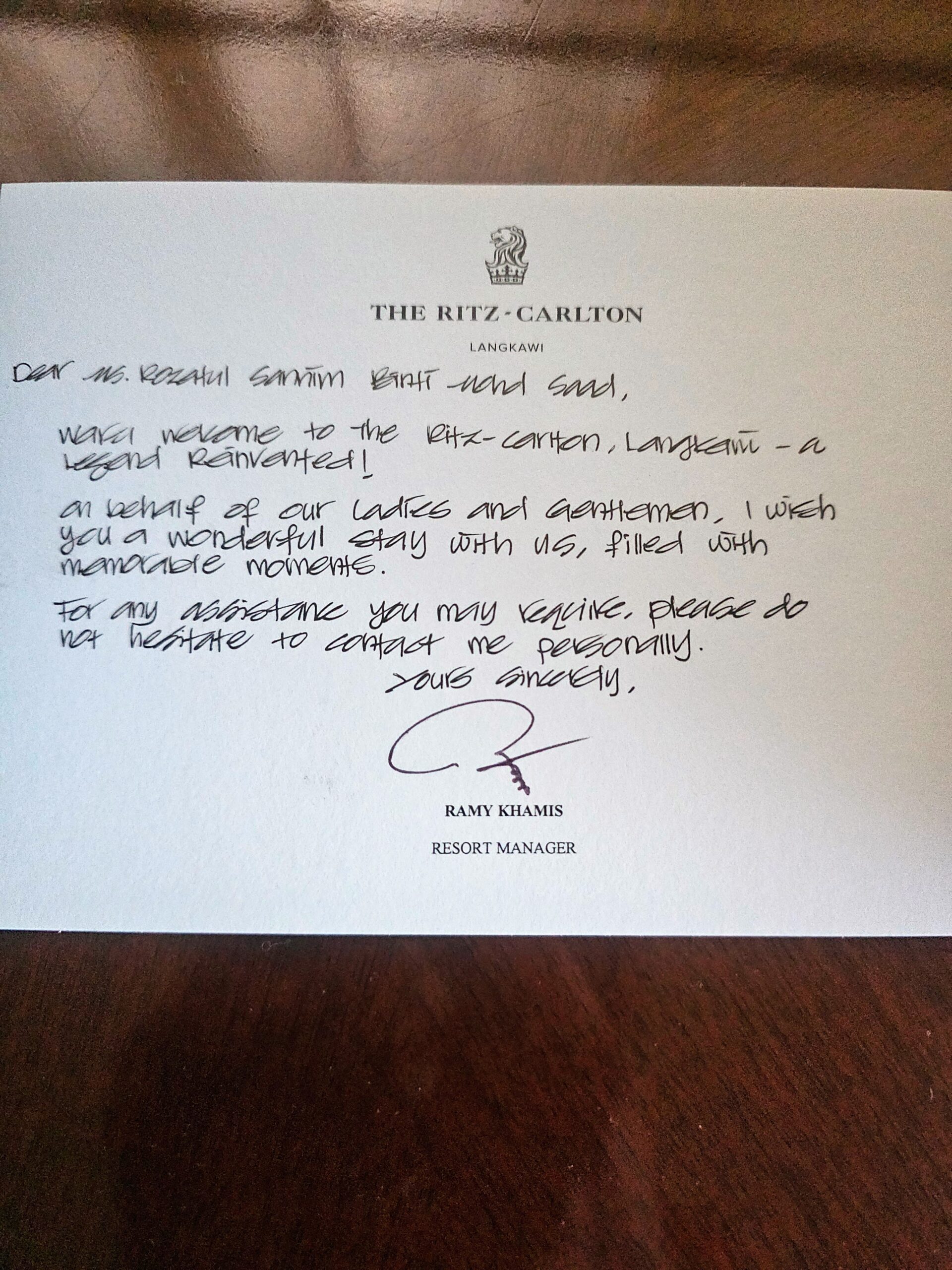 A personaloised welcome note in my room at The Ritz-Carlton Langkawi