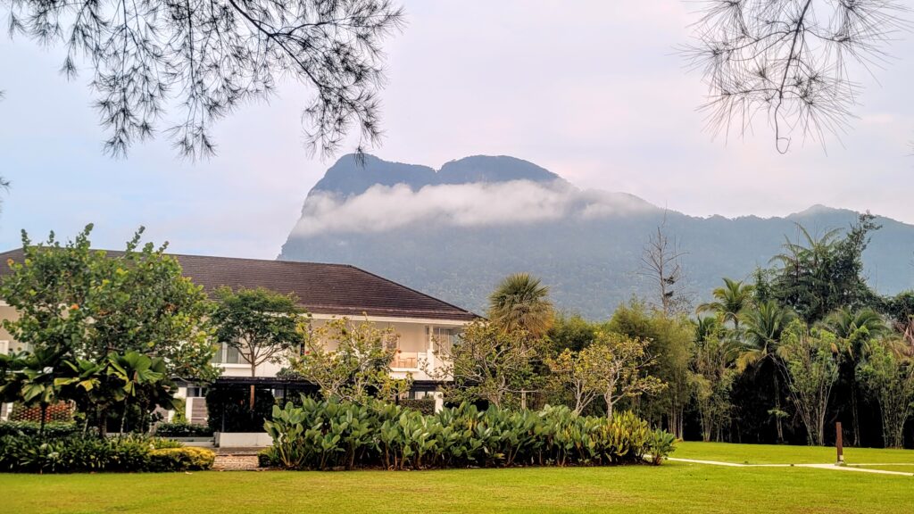 Cove 55 luxury boutique resort with Mount Santubong in the background, Sarawak, Malaysia