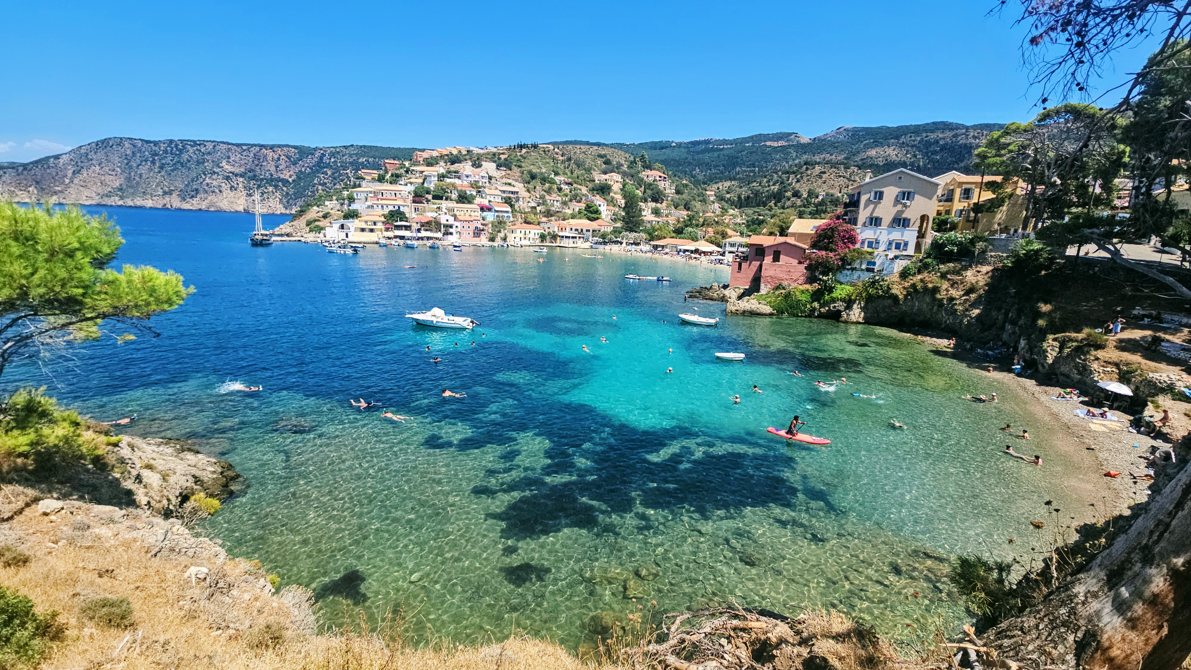 Assos Beach and turquoise Ionian Sea in Kefalonia, Greece